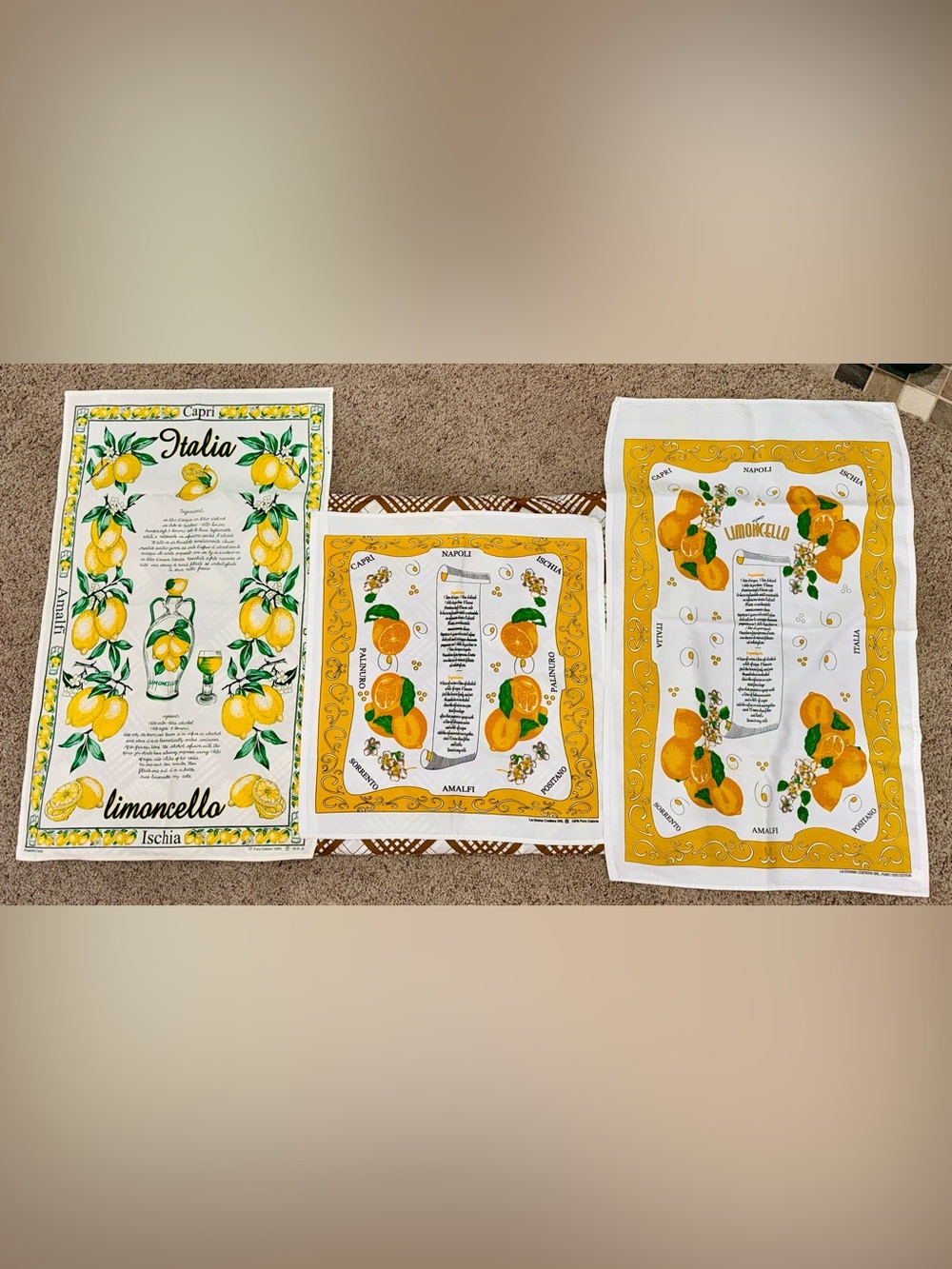 Italian Limoncello Lemon Kitchen Towels Set of 3 100% Cotton Amalfi Capri Italy